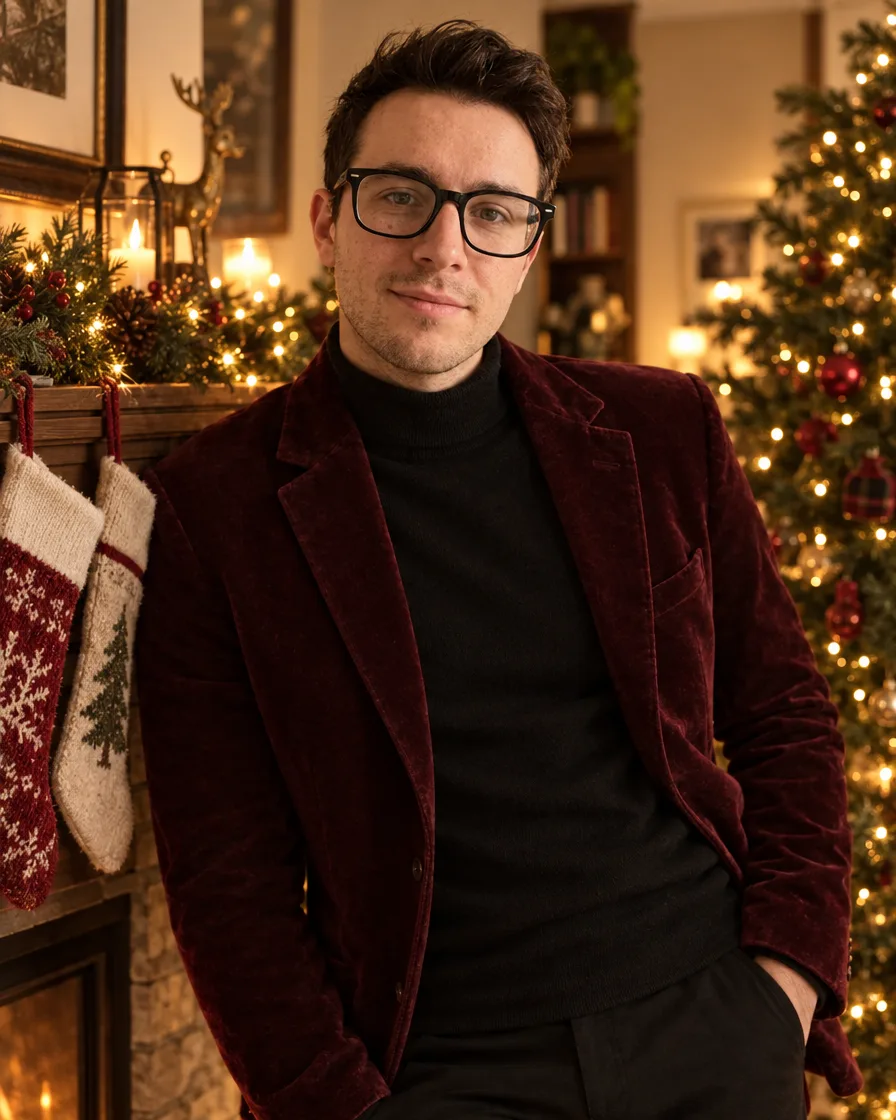 Velvet blazer at the fireplace