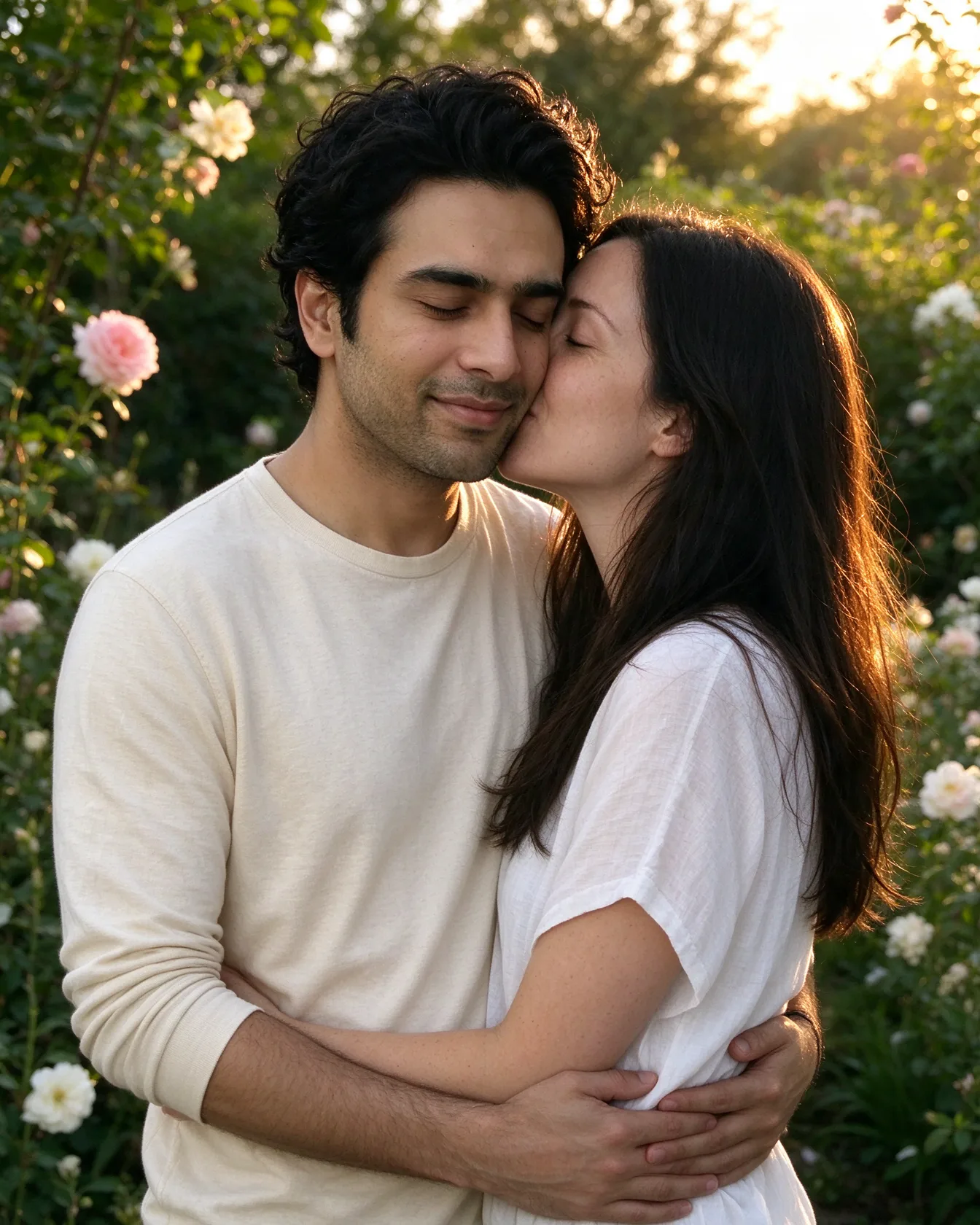 Forehead kiss in the garden