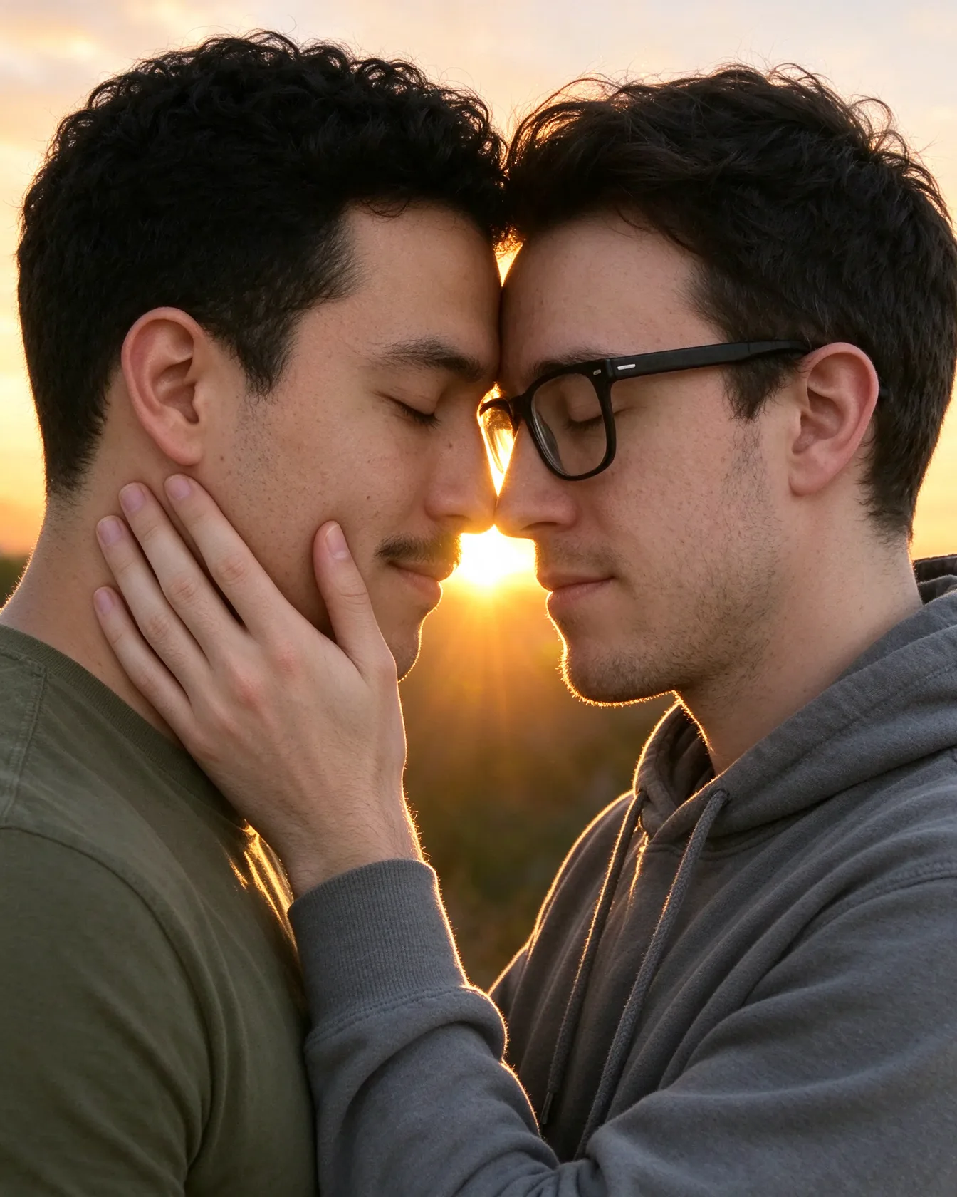 Foreheads together at sunset