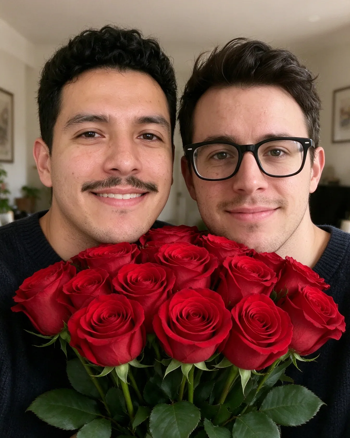 Behind a bouquet of roses