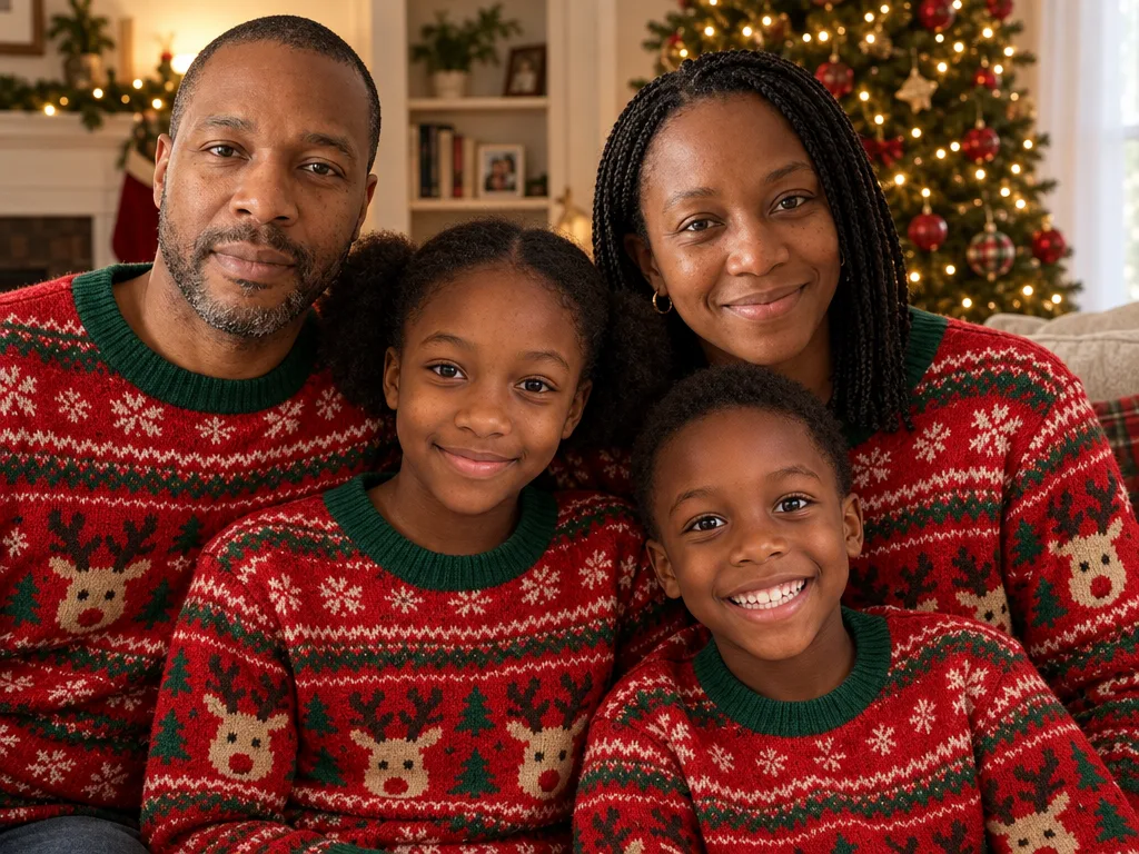 Family in matching sweaters