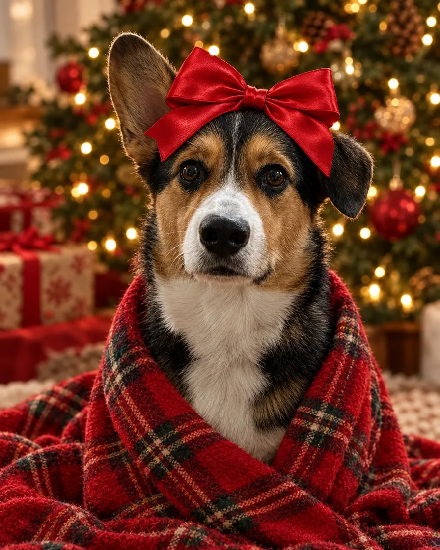 Dog with a big red bow