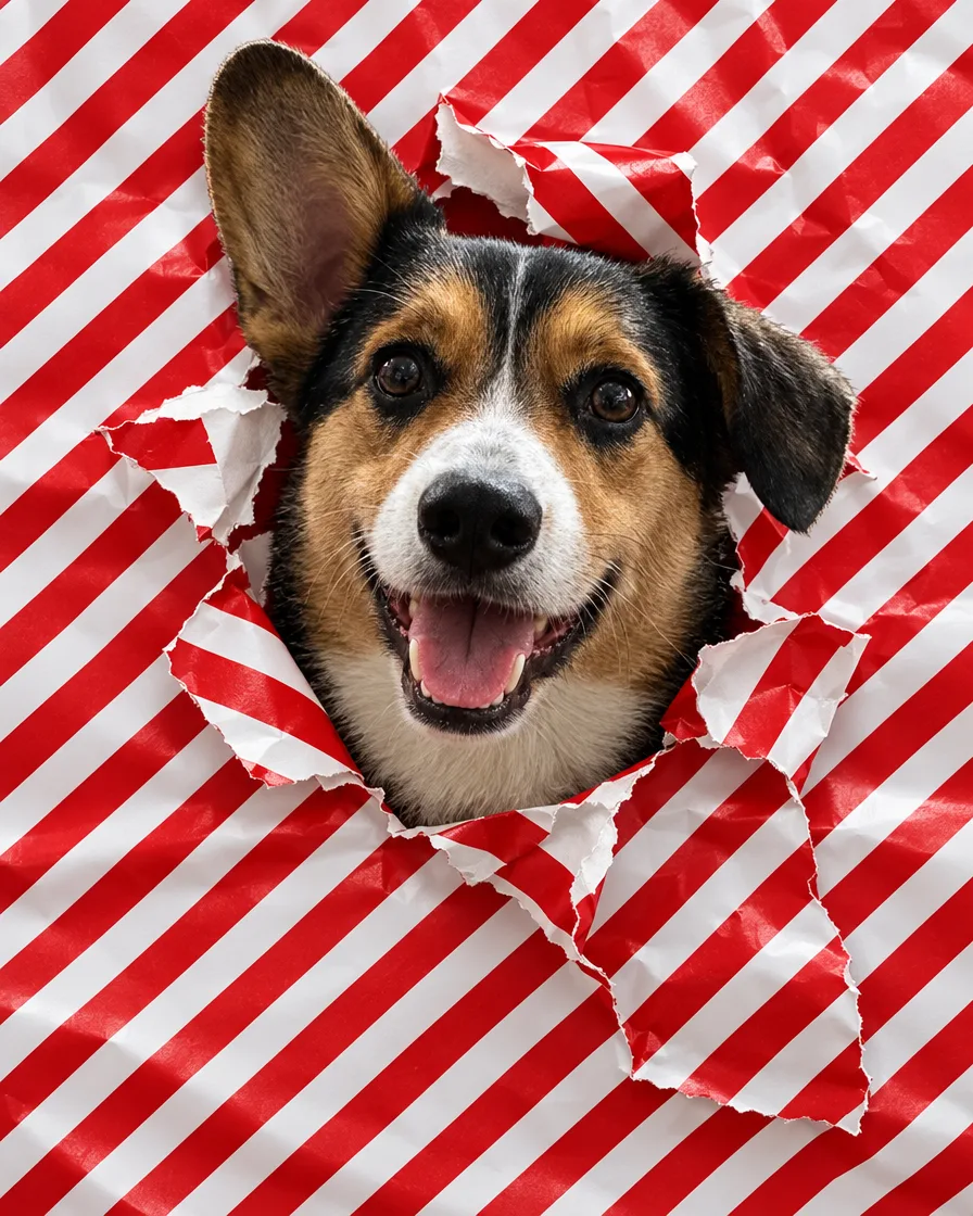 Dog through wrapping paper