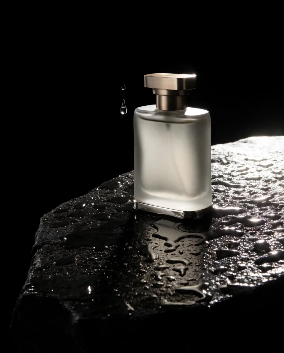 Perfume bottle on wet stone (Krea 2 Medium)