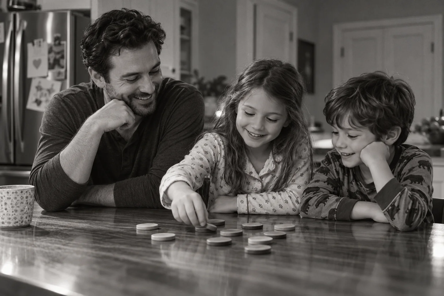 Family game at the kitchen counter