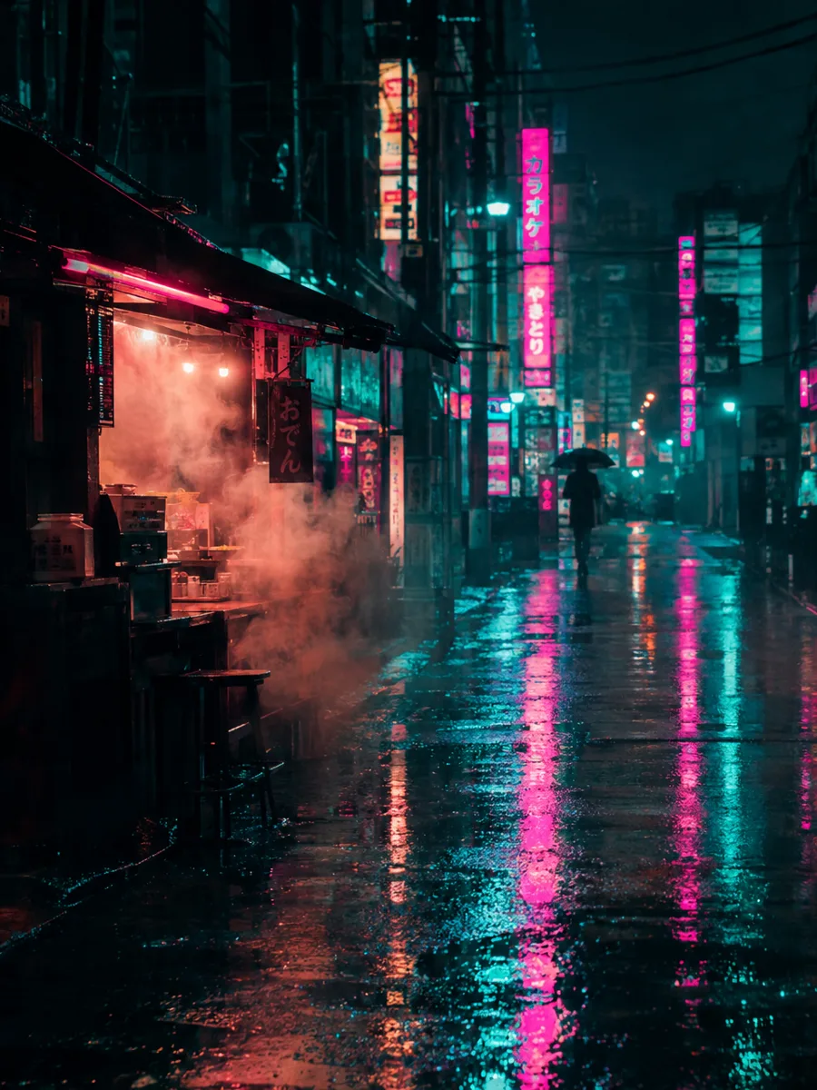 雨のネオン街